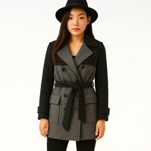 Attitude Jay Manuel Wool Blend Color Block Belted Coat Chic Statement Piece- 10